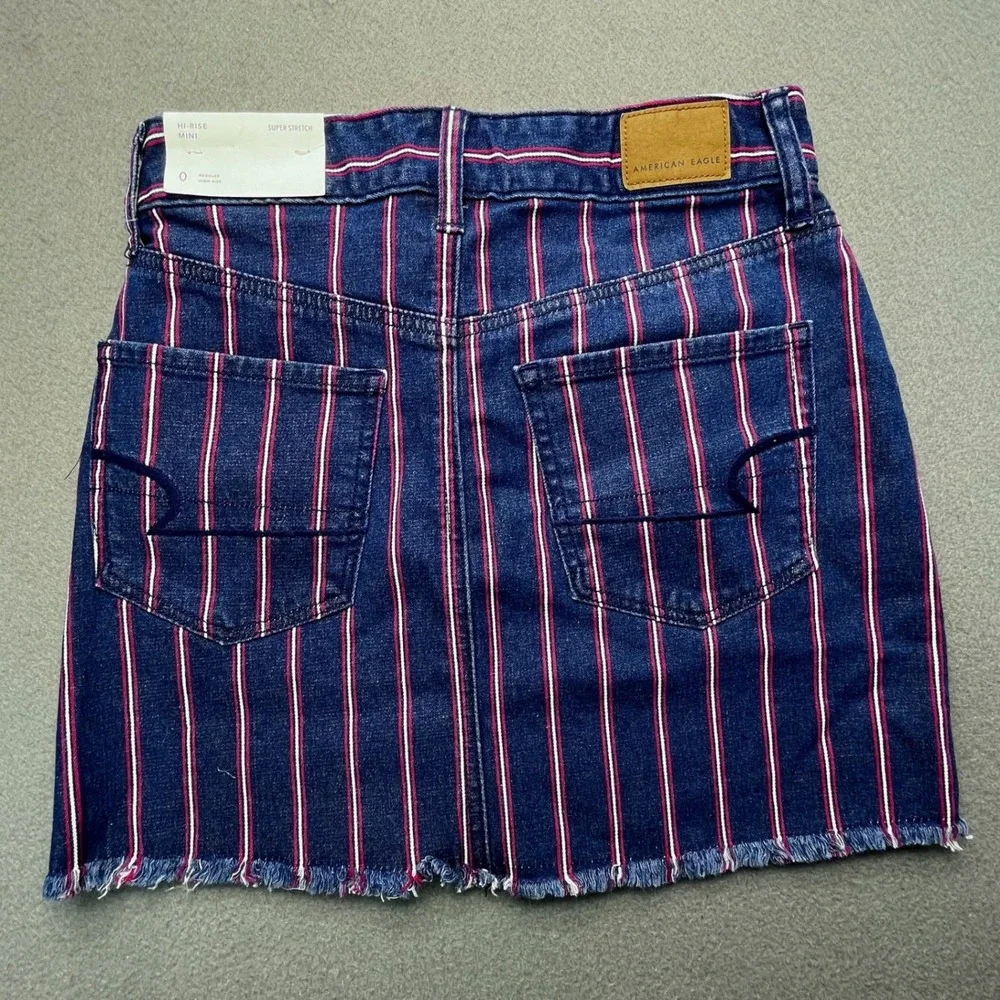 NWT American Eagle Striped Denim Mini Skirt‎ Women 0 Blue Red  HiRise Raw Hem